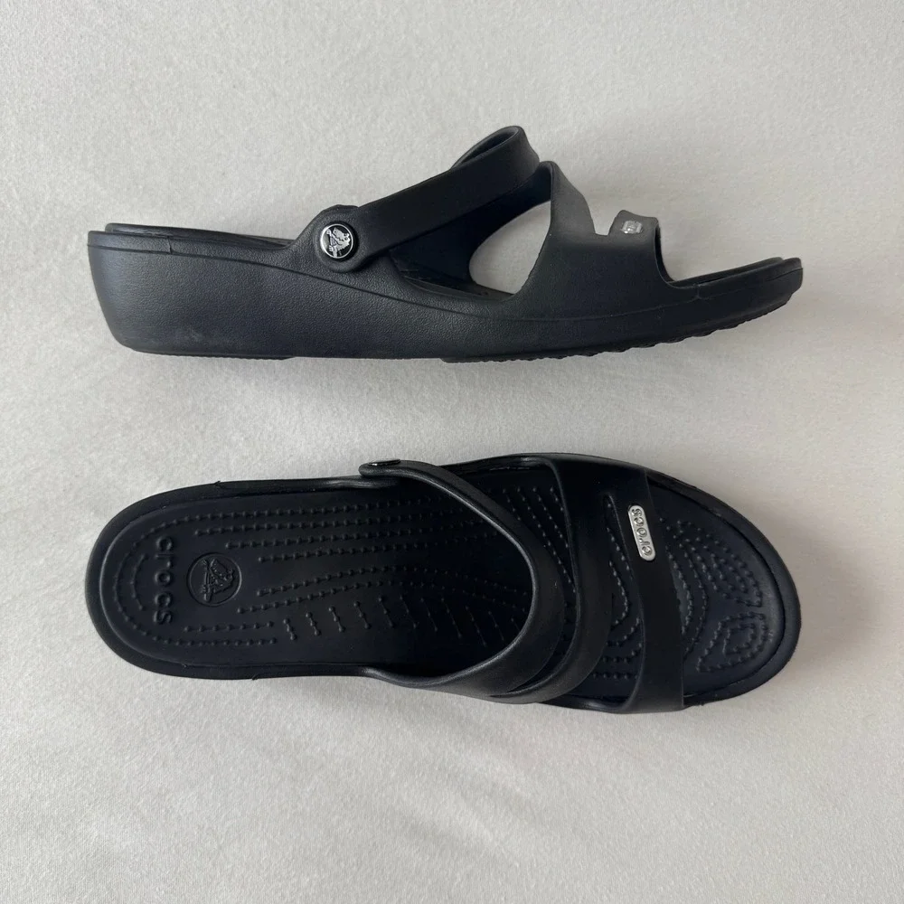 Crocs Patricia Wedge Sandals Womens 8 Black Multi Strap Slip On Shoes Comfort